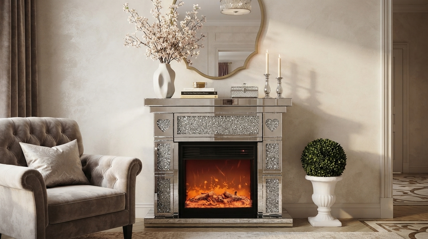 46-Inch Acrylic Diamond Mirror Fireplace Cabinet: LED Glow