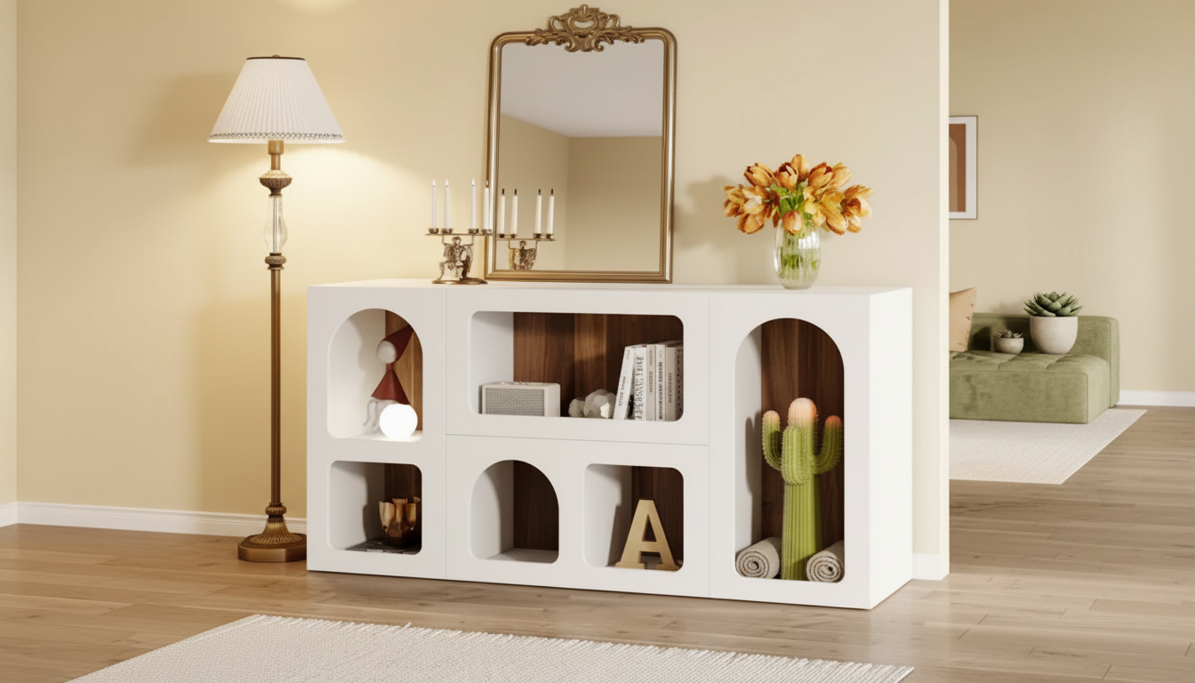 59-Inch White Console Table: 6 Cubby Storage for Entryways