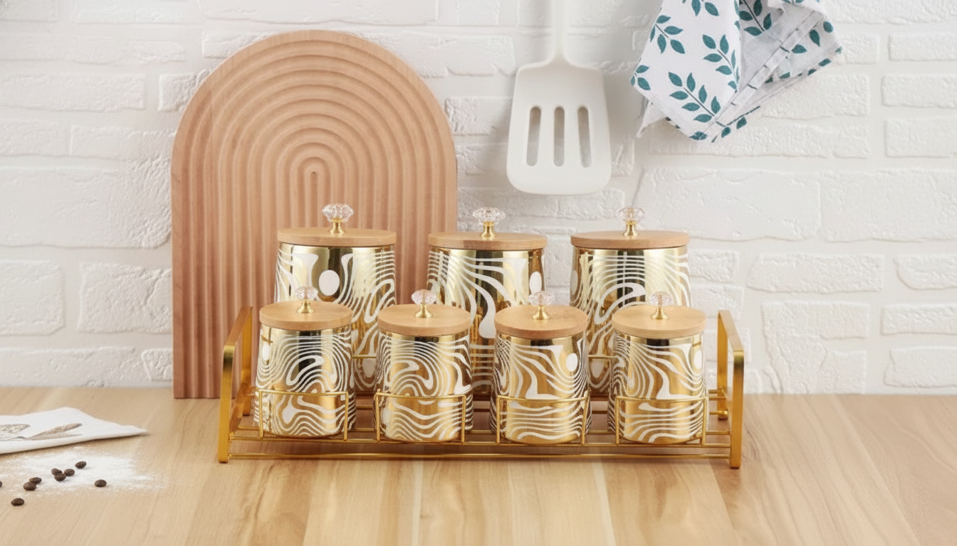Countertop Ceramic Jars with Wooden Lids & Rack