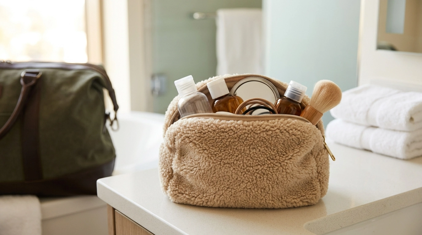 Cozy Teddy Fleece Cosmetic Bag for Travel Toiletries