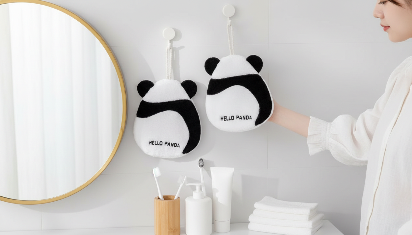 Cute Panda Coral Fleece Hand Towel with Hanging Loop
