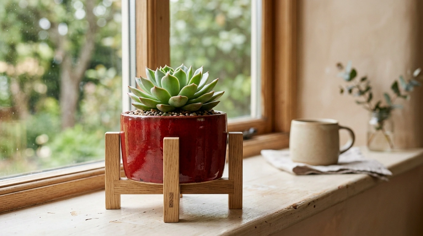 Red Pottery Succulent Pot with Wooden Rack (Compact)