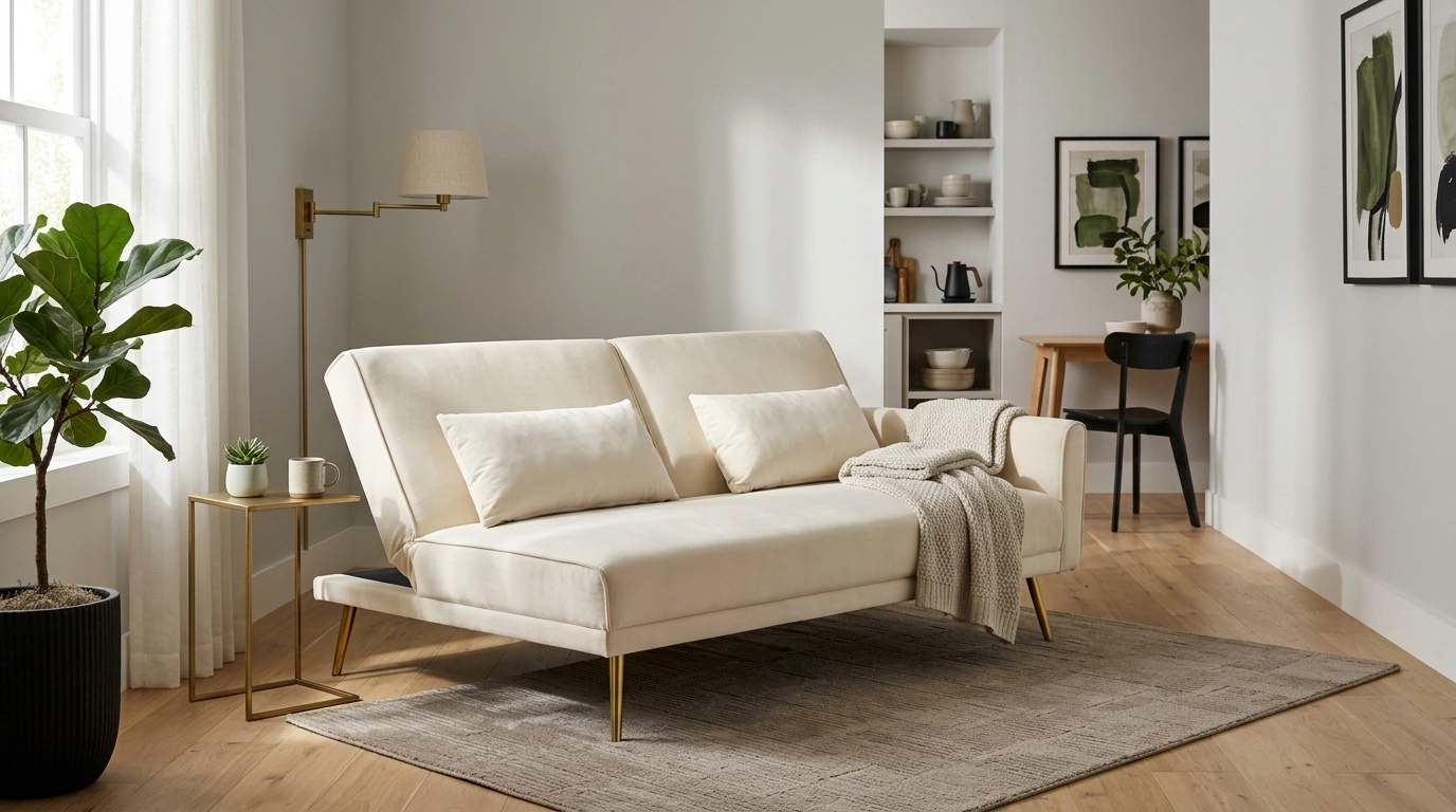 Cream Velvet Convertible Futon Sofa Bed with Gold Legs